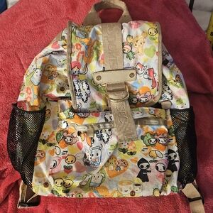 LeSportsac Multicolor Character Canvas Backpack with Tan Trim